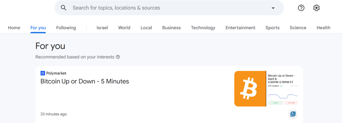 Card da Polymarket sobre preço do Bitcoin exibido dentro do Google News