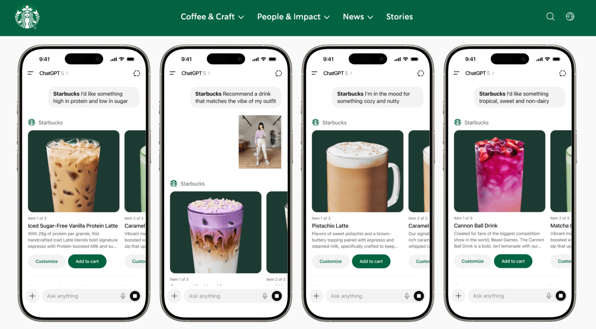Quatro mockups de celular mostrando conversas com a integração Starbucks no ChatGPT sugerindo bebidas por humor, outfit e craving